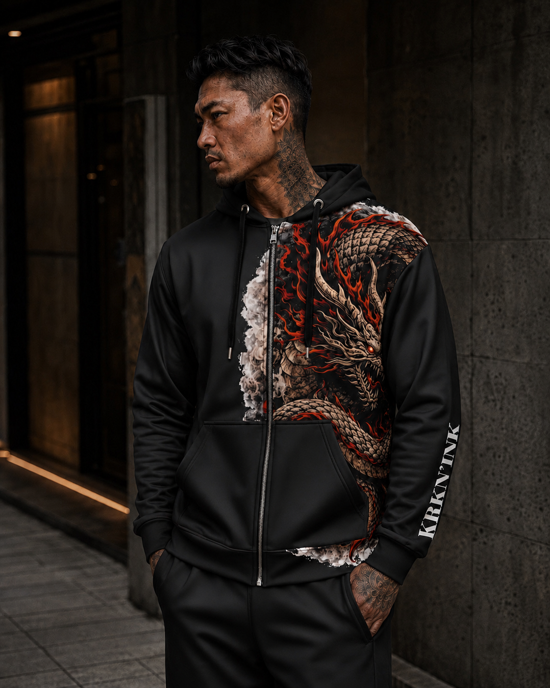 Sweat à capuche zippé KRKN’INK – Crimson Ronin Dragon