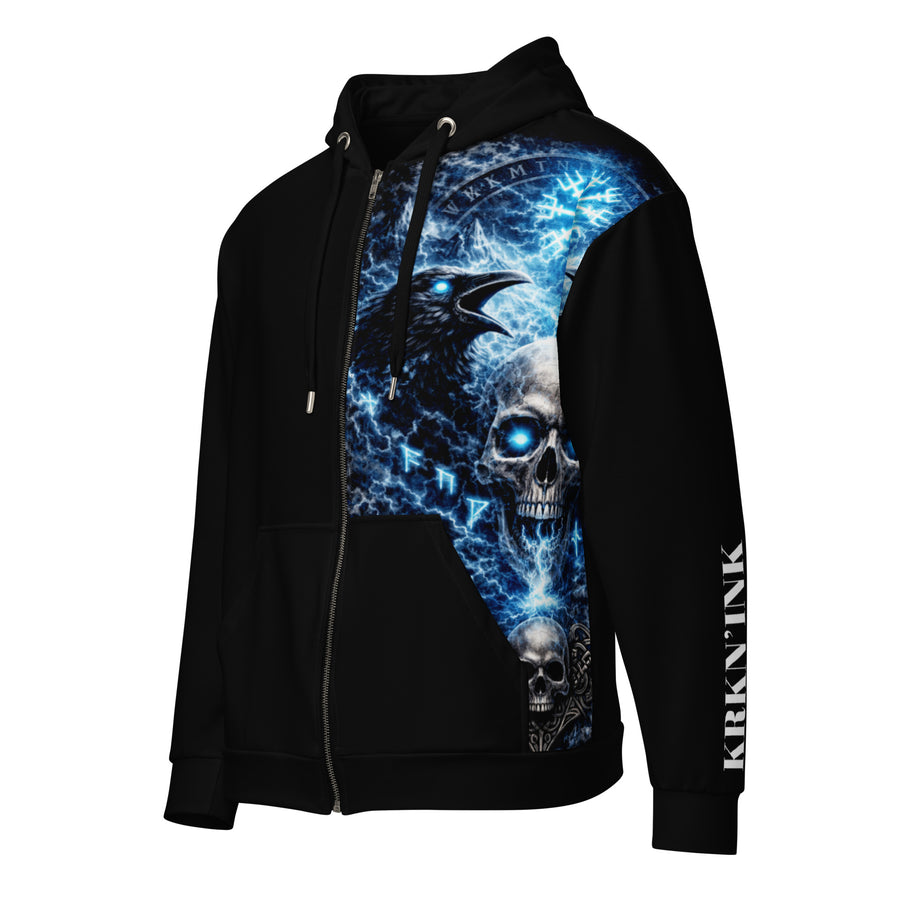 Sweat à capuche zippé KRKN’INK Viking Tattoo avec corbeaux, crâne et univers nordique